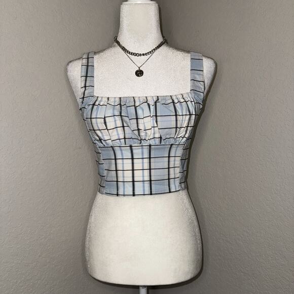Forever 21 Tops - Forever 21 Crop Top Women's Small Blue Plaid Square Neck Smock Back Cottagecore